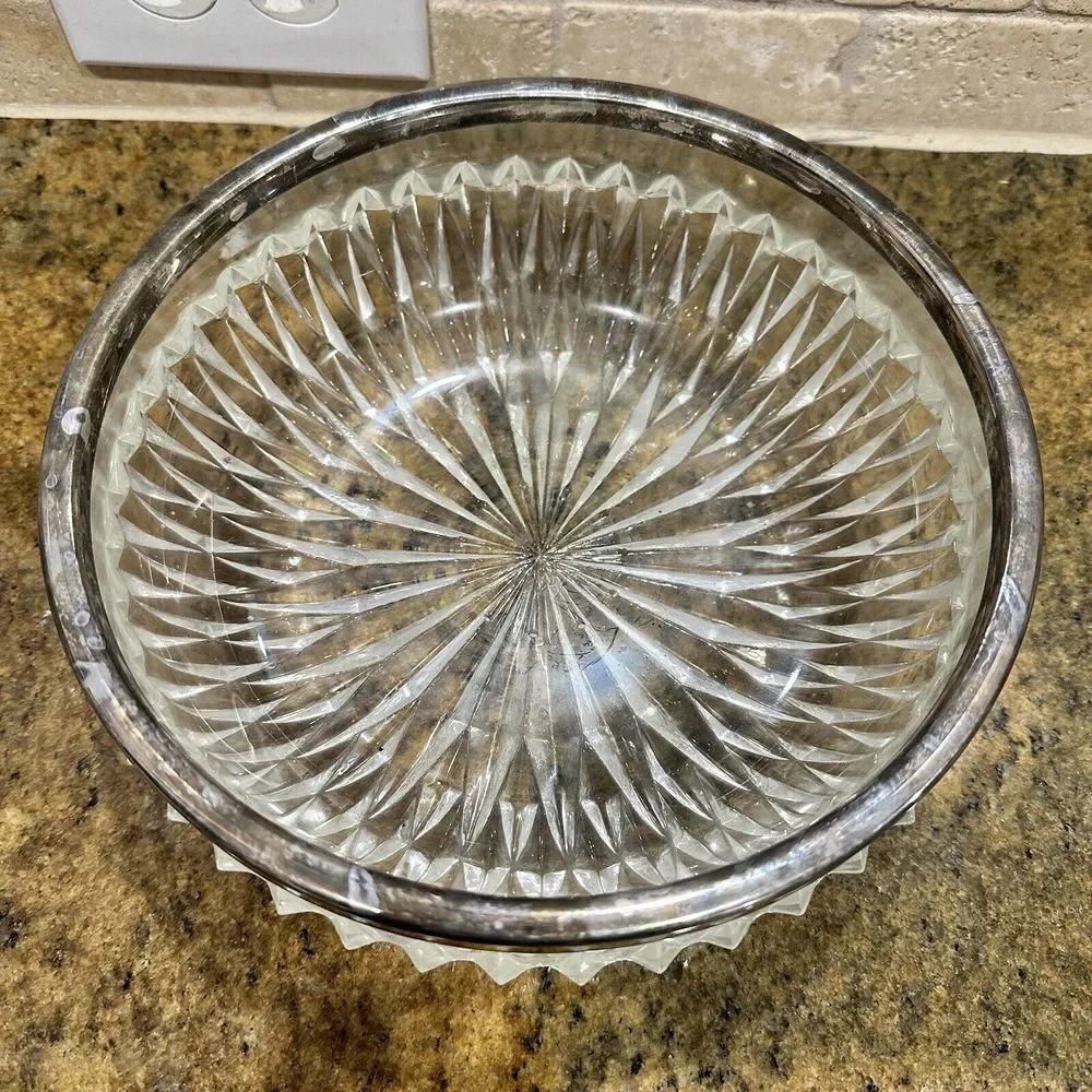 Vintage Crystal Candy Dish 8 Inch Fruit Bowl‎ Silverplate Rim Radiating MCM